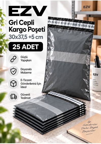 Gri Cepli Kargo Poşeti 30x37,5 +5 Cm 25 Adet