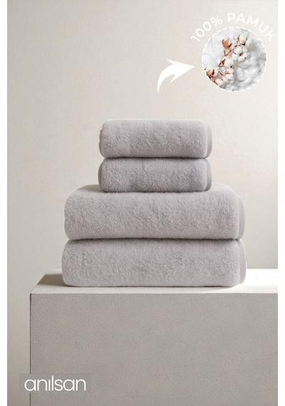 4'lü Gri Havlu Set %100 Pamuk - 2 Adet El Havlusu 50x90 Ve 2 Adet Banyo Havlusu 70x140 Gri