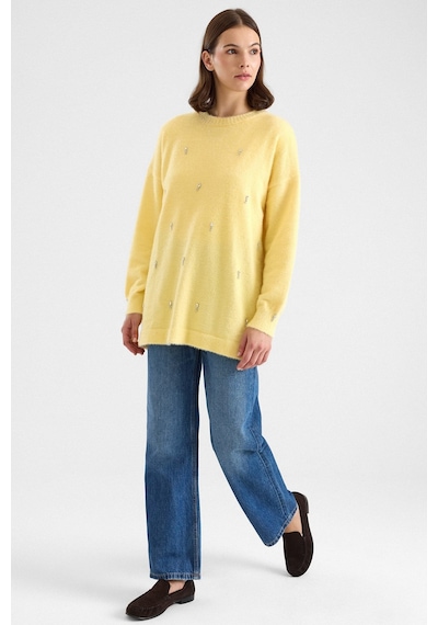 Olcay Taş Detaylı Soft Kumaş Oversize Triko Kazak Sarı 8290