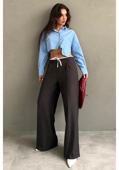 Madmext Acı Kahve Çift Bel Bantlı Wide Leg Kadın Pantolon Mg2551 Acı Kahverengi
