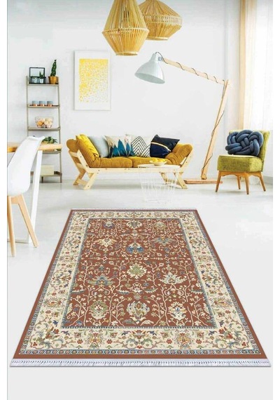 Kiremit Çerçeveli Dokuma Pamuk Taban Kaymaz Kilim Klm022n11