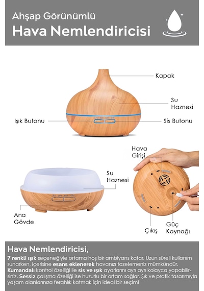 Oda Hava Nemlendirici - 7 Renk Led Işıklı Buhar Makinesi Aroma Difüzörü Humidifier Açık Kahve