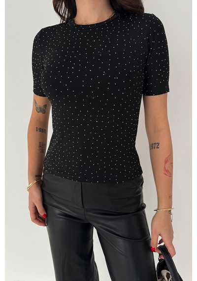 Noa & Noa Kadın Taş Detaylı Kısa Kollu T-shirt Beige Spark Siyah