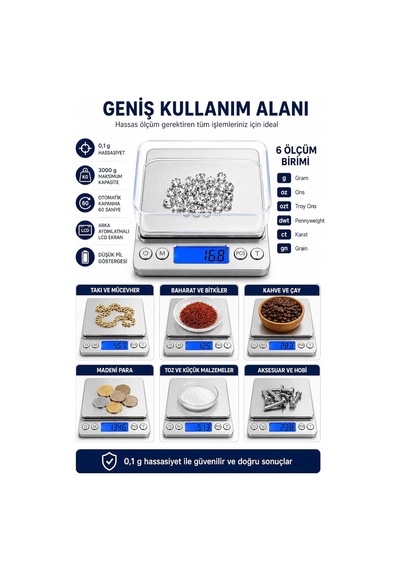 Dijital Hassas Mutfak Tartısı 3000 G Kapasiteli, 0,1 G Hassasiyetli, Lcd Ekranlı Mini Terazi, 6 Ölçüm Birimi, Dara Ve Pcs Adet Sayma Fonksiyonlu, Paslanmaz Çelik Çok Renkli