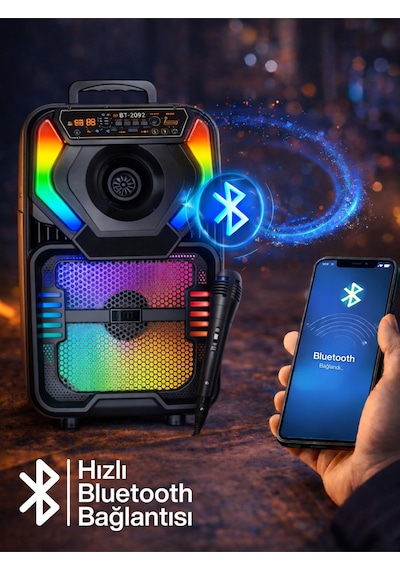 Double 8 Rgb Karaoke Hoparlör Bluetooth Usb Tf Fm Kumandalı Mikrofonlu