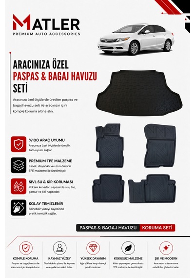 Honda Civic Fd6 2006 Model 4d Ekstra Havuzlu Paspas Ve Bagaj Havuzu Set