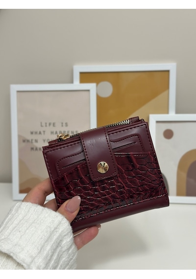 Just Polo Arden Yılan Derisi Görünümlü Kroko Desenli Bol Kartlıklı Bozuk Para Bölmeli Çıt Çıtl Kadın Ayrılabilir Kartlıklı Cüzdan Bordo