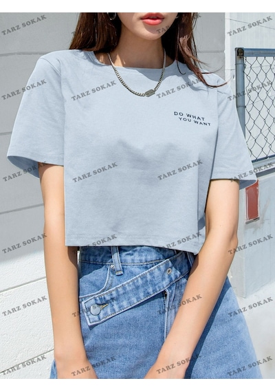 Flood Of Style Crop Ckod-232913 Dazy Sloganlı Grafik Kısa Mavi