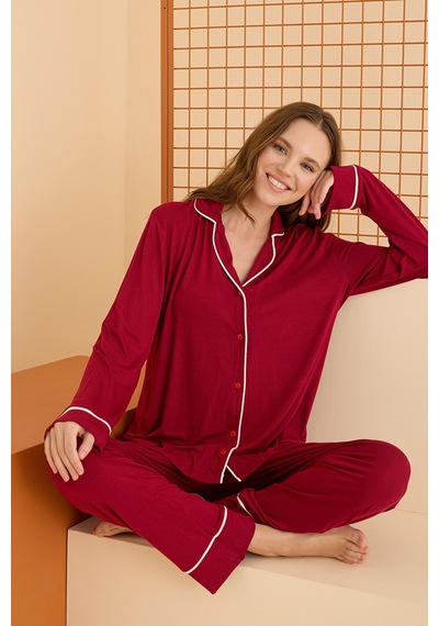 Nbb Kadın Bordo Viskon Önden Düğmeli Pijama Takımı Bordo