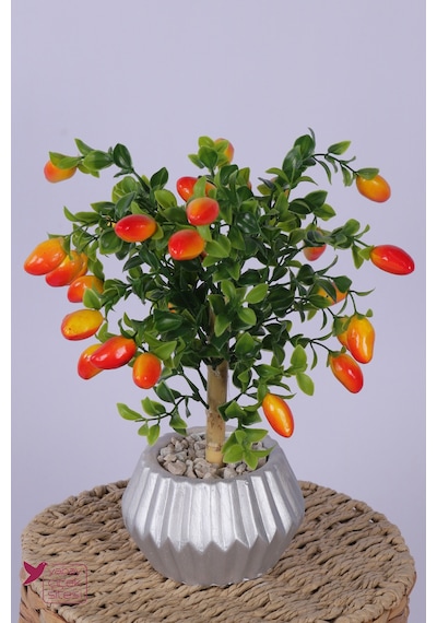 Yapay Çiçek Sitesi Gümüş Beton Saksıda Yapay Mini Biber Ağacı Tanzimi 30 Cm Çok Renkli