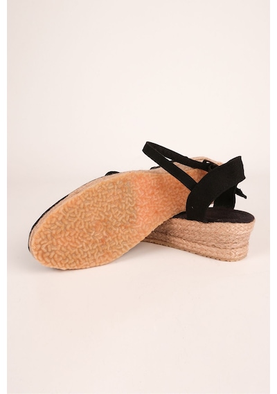 Star Tombis Gerçek Elişi Topuğu Açık Bilekten Bantlı 3cm Dolgu Topuk Siyah Keten Hasır Espadril Handmade Siyah