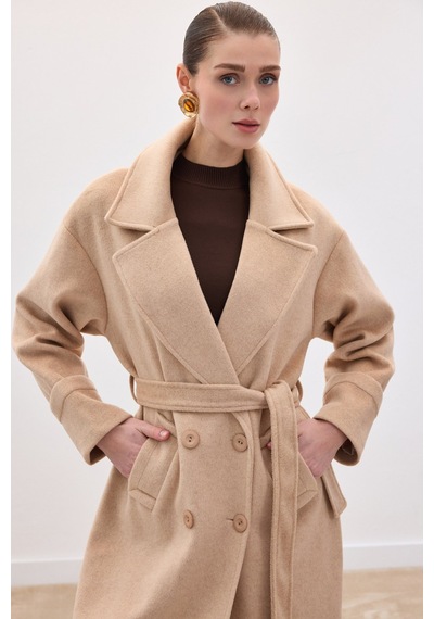 Sateen Beli Bağlamalı Uzun Kaban - Bej-136630 Bej