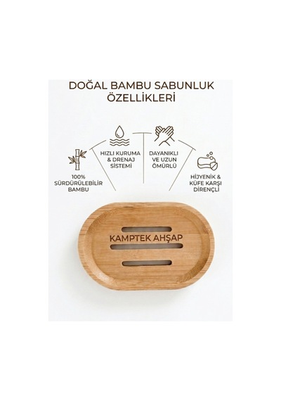 Kamptek Ahşap Yuvarlak Bambu Katı Sabunluk Dekor Lavabo Duş Sabunluk Oval Tasarım Renkli