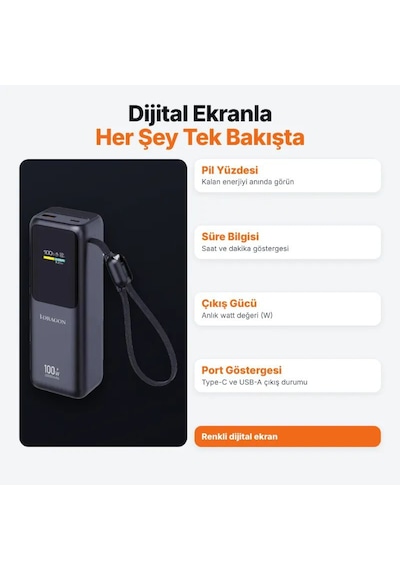 Dr-07 20000mah 100w Hızlı Şarj Powerbank Dijital Ekranlı Dahili Type-c Kablolu Dizüstü Uyumlu Gri