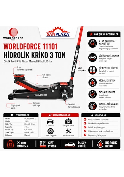 Worldforce 11101 Hidrolik Kriko 3 Ton Düşük Profil Çift Piston F1 Garaj Tipi Araç Krikosu