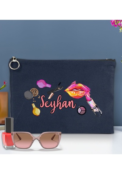 Bk Gift Kişiye Özel İsimli-4 Astarlı Lacivert Portföy Çanta 30x21cm, Baskılı El Çantası, Organizer Çanta