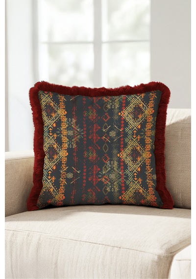 Etnik Kilim Desenli Saçaklı Yastık Kılıfı - Otantik Retro Lacivert Bordo Püsküllü Kırlent Kılıfı Kadim Ufuk Saten