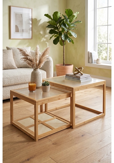 Robin Home Modern Doğal Bambu 2'li Kare Orta Sehpa Seti Temperli Camlı Ve Yapay Rattan Alt Raflı Zigon Bej Robin Home Modern Doğal Bambu 2'li Kare Orta Sehpa Seti Temperli Camlı Ve Yapay Rattan Alt Raflı Zigon Bej