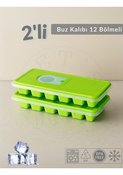 2'li Set Buz Kalıbı 12 Bölmeli Esnek Silikon Buz Küpü Bpa Free Kare Bas Parmak Buzluk 3x3 Cm Yeşil Yeşil