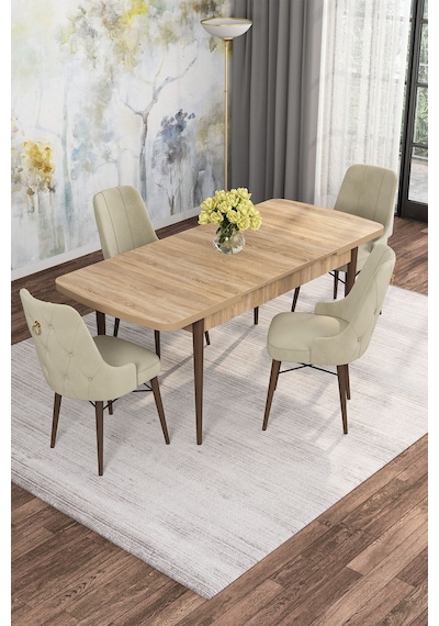 Mona Meşe 80x132 Açılabilir Mdf Masa Yemek Odası Takımı, Mutfak Takımı 4 Adet Sandalye Meşe Masa - 4 Bej - Ceviz Ayak Mona Meşe 80x132 Açılabilir Mdf Masa Yemek Odası Takımı, Mutfak Takımı 4 Adet Sandalye Meşe Masa - 4 Bej - Ceviz Ayak