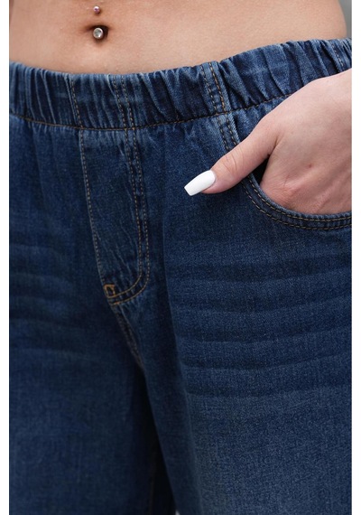 Cool Tarz Kadın Salaş Paça Yüksek Lastikli Bel Jean Pantolon Lacivert Lacivert