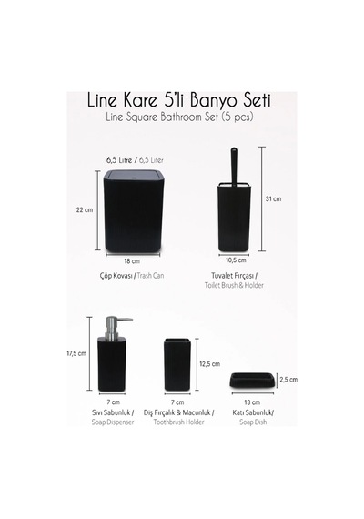 Palermo Kare Çizgi Model 5'li Banyo Seti Gold Detaylı Sabunluk Siyah Siyah