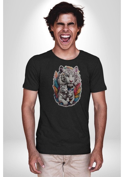 Siyah Kaplan Ailesi Renkli Tüyler Unisex Unisex Siyah Organik Baskılı T-shirt Penye Yüksek Kalite Siyah