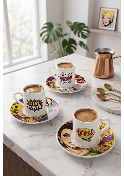 12 Parça 6 Kişilik Porselen Pop Art Kahve Fincan Takımı 100ml Beyaz