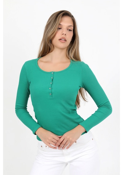 Hdm Kadın Yeşil Uzun Kollu Fitilli Patlı Düğmeli Basic Örme Bluz - H6162 YEŞİL