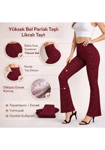 Enva Store Taşlı Tayt İspanyol Paça Likralı Bordo