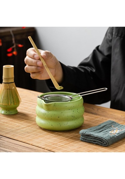 Seremoniye Uygun 5 Parça Matcha Seti Bambu Çırpıcı, Seramik Kase Ve Kaşık İle Çay Ritüeli Yeşil