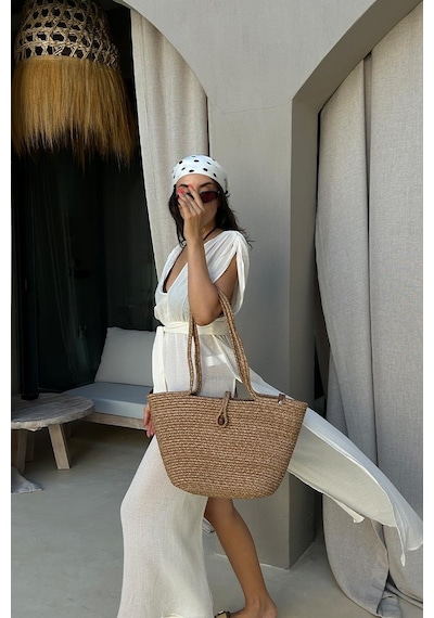 Shule Bags Vossa Handmade Düğmeli Hasır Omuz Çantası Vizon Vizon
