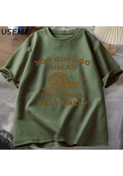 Flood Of Style Devam Edeceğim Dilly Dally Tshirt Adam Retro Komik Salyangoz Listic İstik T-shirt Kadın Erkek Yeşil