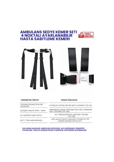Ambulans Sedye Kemer Seti 4 Noktalı Ayarlanabilir Hasta Sabitleme Kemeri - Tüm Sedye Modellerine Uyumlu