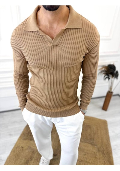 Elku Moda Kazak Slim Fit Polo Yaka Fitilli Yumuşak Dokulu Tüylenmez Sweatshirt Kahverengi