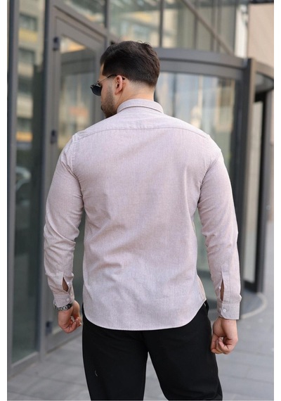 Baselco Premum Dik Yakalı Slim Fit Keten Görünümlü Gömlek Bej
