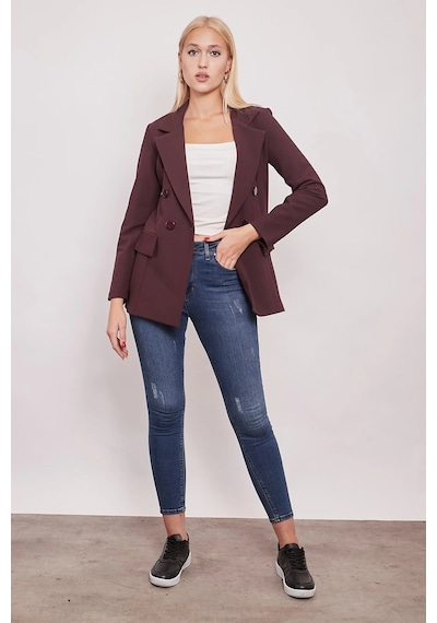 Kadın Düğme Detaylı Uzun Kol Şık Ofis Süs Cep Kapaklı Kumaş Blazer Ceket-mürdüm Mürdüm