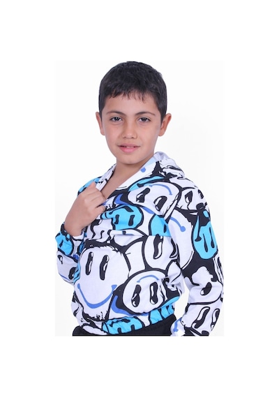 Panios Kids Emoji Desenli Kapşonlu Unisex Sweatshirt Mavi