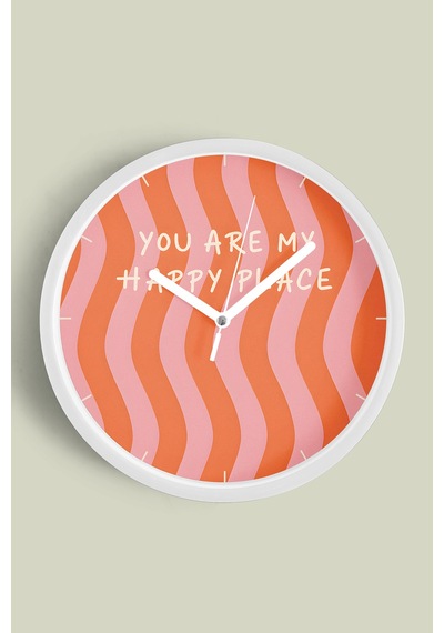 Modern Yazılı Tasarım - '' You Are My Happy Place '' Duvar Saati - 30cm - Önü Camlı Beyaz Kasa Beyaz
