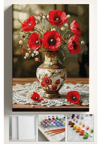 Sayılarla Boyama Seti Numaralı Tuval Fırça Boya Dahil Kasnaklı Set 40x50 Cm - Dantel Vazo