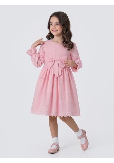 Pina Kids Kız Çocuk Uzun Kollu Önü Kurdelalı Fisto Elbise Pembe