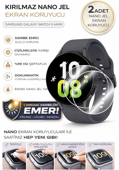 Samsung Galaxy Watch 5 44mm Uyumlu Nano Jel Ekran Koruyucu 2 Adet Darbe Emici Tam Kaplayan