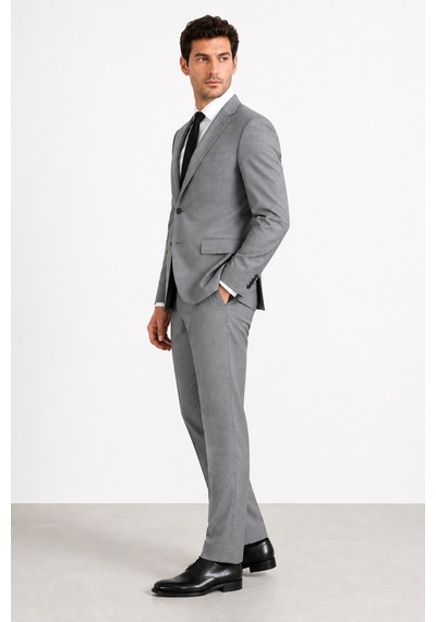 Bihan Store Erkek 6 Drop Slim Fit Yelekli Takım Elbise Çift Yırtmaç Altın Kuş Gözü - Gri