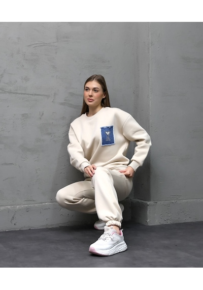 Calimera Kadın Sweatshirt 3 İplik Eşofman Takımı Oversize Beyaz