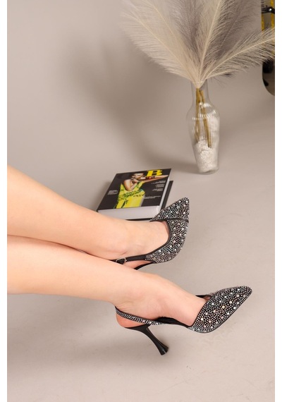 Birikon Lelantos Parlak Taşlı Arkası Açık Stiletto Siyah-7900 Siyah