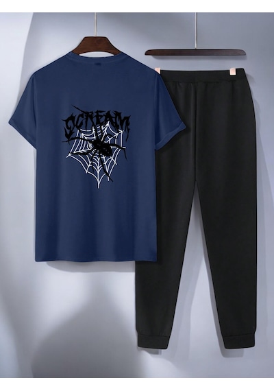 Uyguntarz Unisex Scream Siyah Tasarım Basklı Tshirt Eşofman Takımı Lacivert