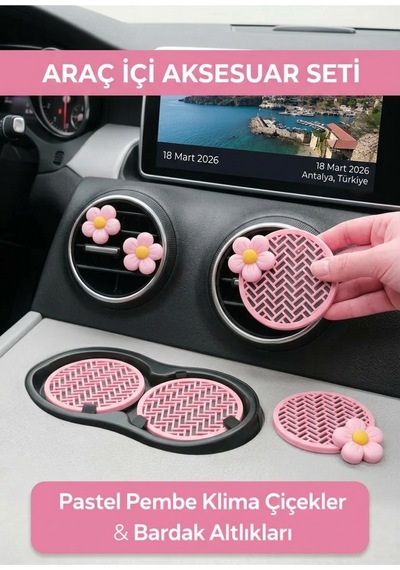 Pastel Pembe Araç İçi Aksesuar Seti Klima Süs Çiçek & Bardak Altlığı 6 Lı Set