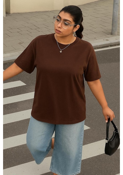 Büyük Beden Unisex Tişört Kahverengi