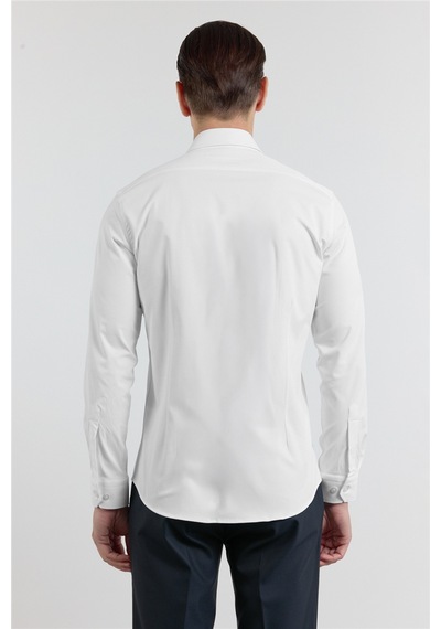 İmza Beyaz Kendinden Desenli Sert Yaka Uzun Kol Cepsiz Slim Fit Pamuklu Gömlek 1004255230