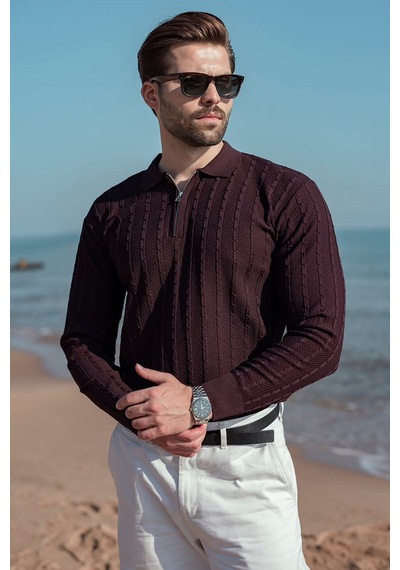 Madmext Mürdüm Polo Yaka Örgü Desenli Triko Erkek Kazak E7507